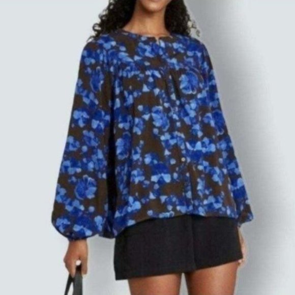 Small a new day Floral Blouse Blue Button Babydoll Style Balloon Sleeve NEW - Picture 1 of 5